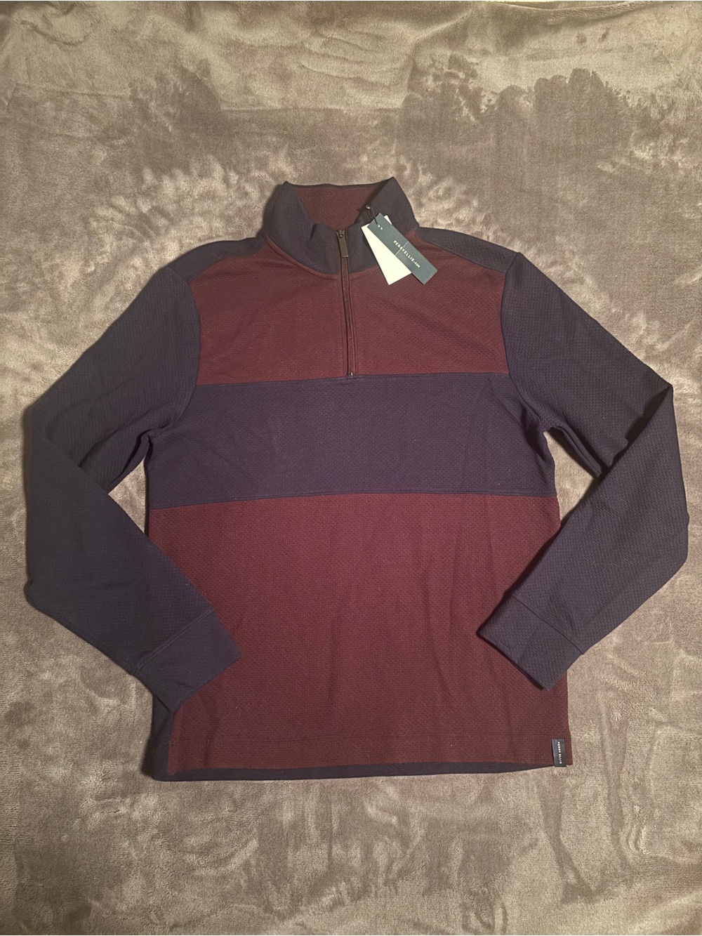 Perry Ellis Men's Red/Navy Colorblock Quarter Zip Collegiate Preppy Layer